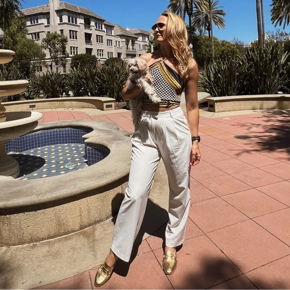 Ivory Pleated High Waist Straight Trousers - Picture 2 of 16
